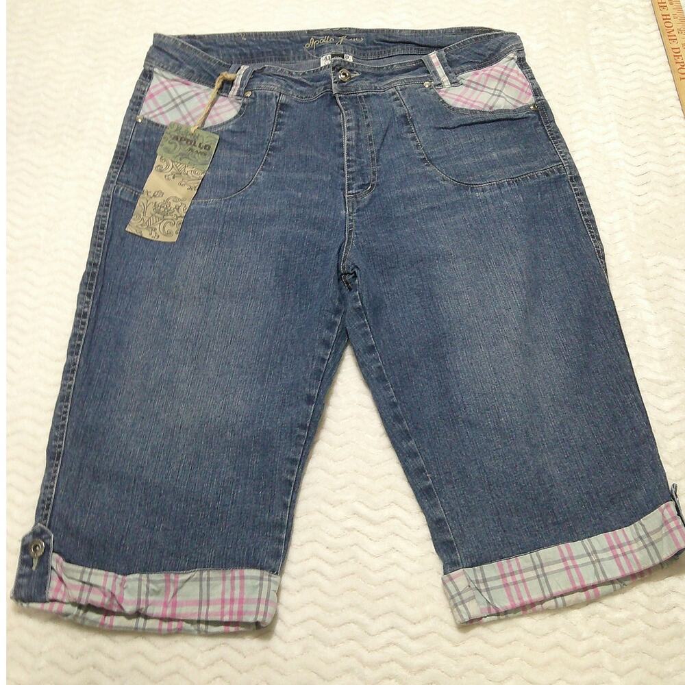 Apollo Jeans Women's Size 17/18 Blue Denim Capris Plaid Trim Pockets Cuffed NWT
